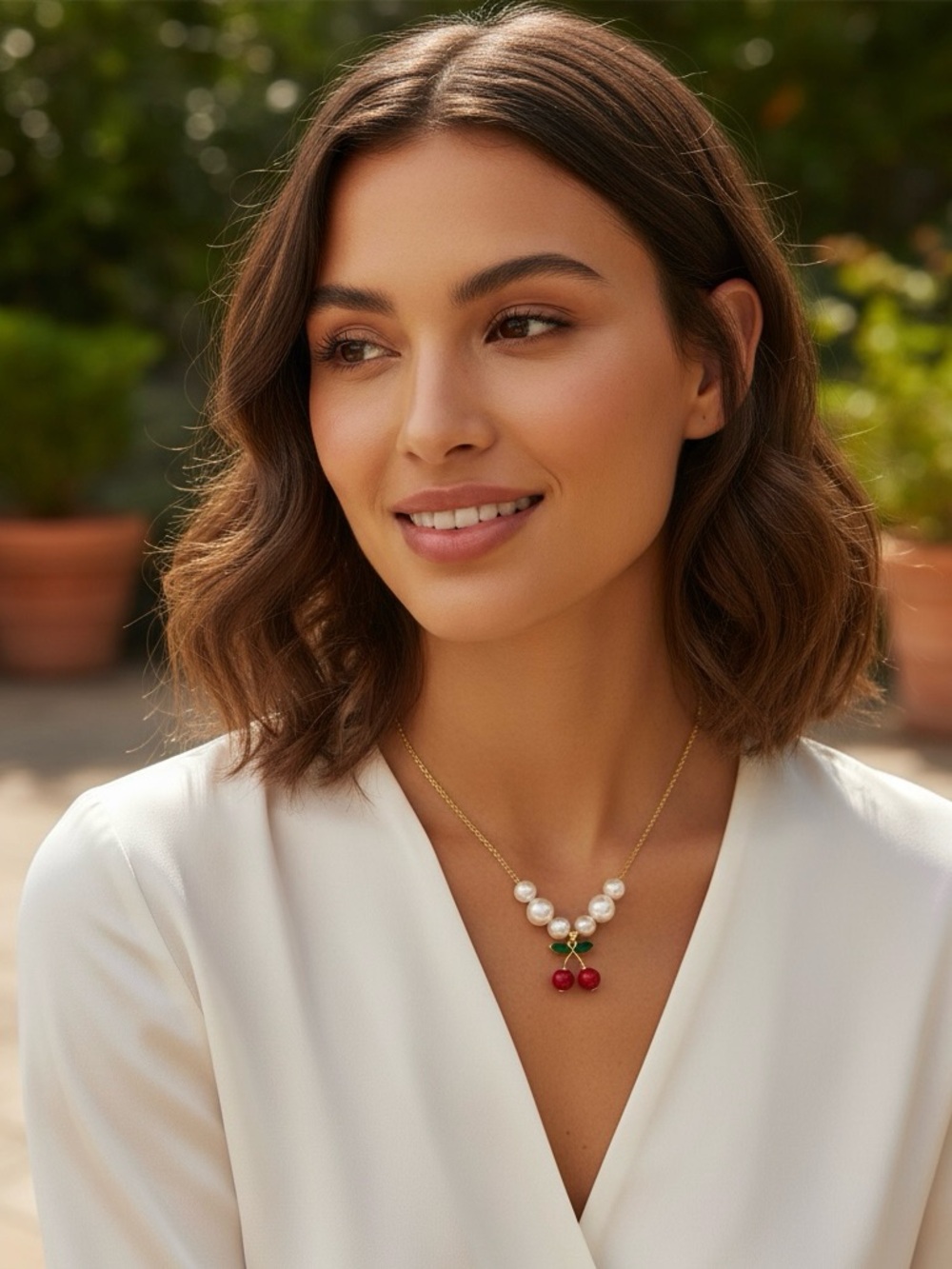 Gold Pearl Necklace with Red Cherry Pendant - Women Jewelry